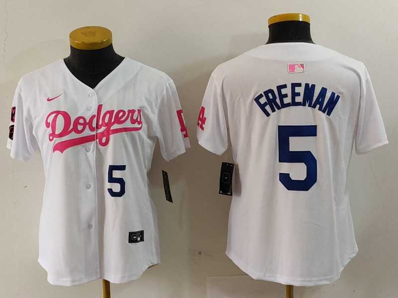 Womens Los Angeles Dodgers #5 Freddie Freeman White Pink With Patch Limited Stitched Jersey->mlb womens jerseys->MLB Jersey